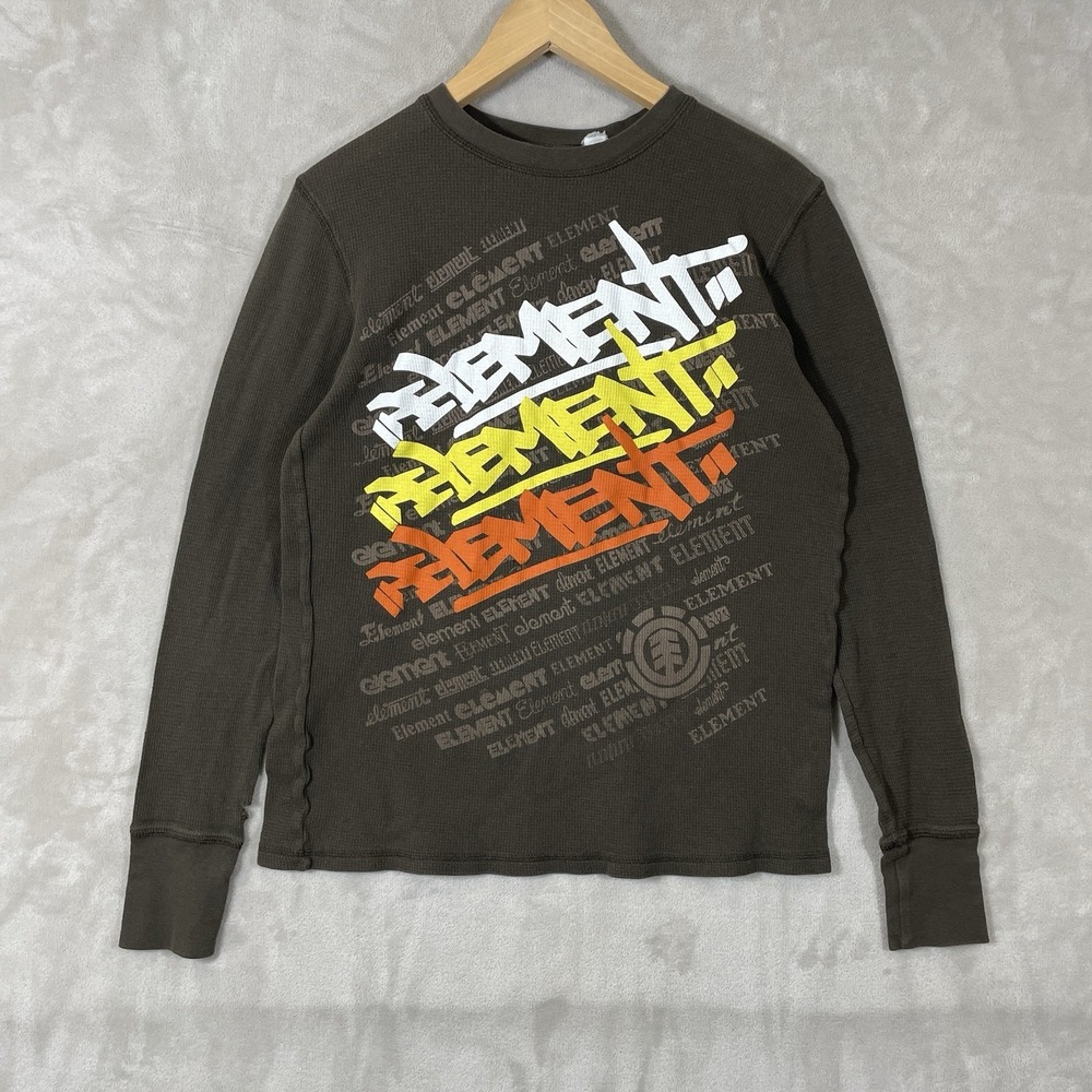 Y2K Element Thermal Long Sleeve Shirt Mens Small AOP Grunge Skater Waffle Knit